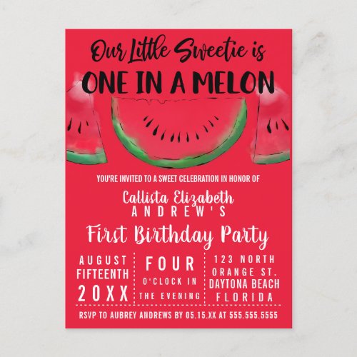 One in a Melon Watercolor Watermelon 1st Birthday  Invitation Postcard