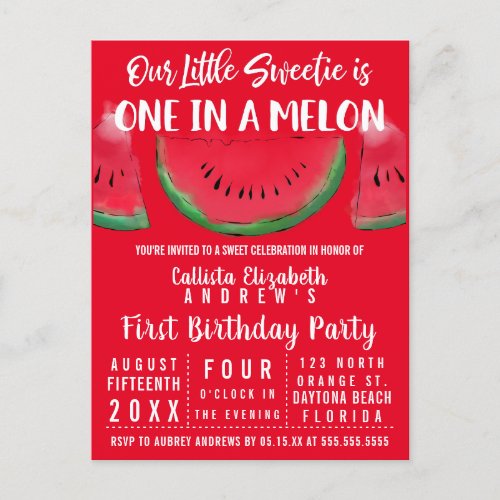 One in a Melon Watercolor Watermelon 1st Birthday Invitation Postcard