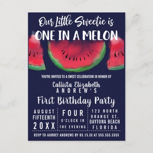 One in a Melon Watercolor Watermelon 1st Birthday Invitation Postcard