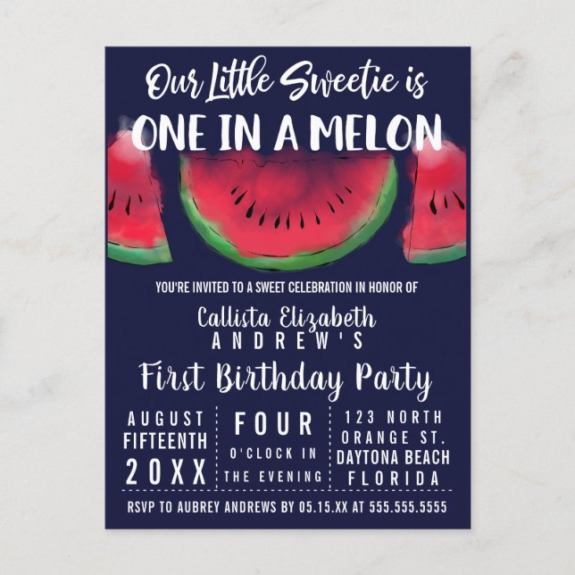 One in a Melon Watercolor Watermelon 1st Birthday Invitation Postcard (Front)