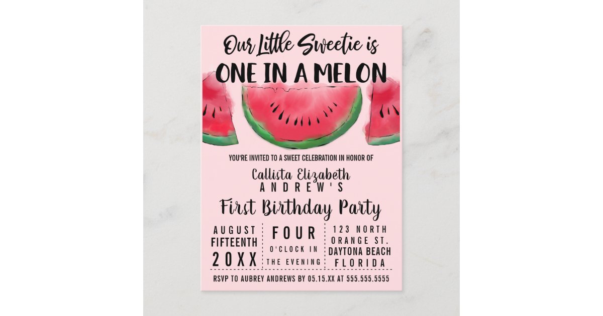 One In A Melon Watercolor Watermelon 1st Birthday Invitation Postcard Zazzle Com
