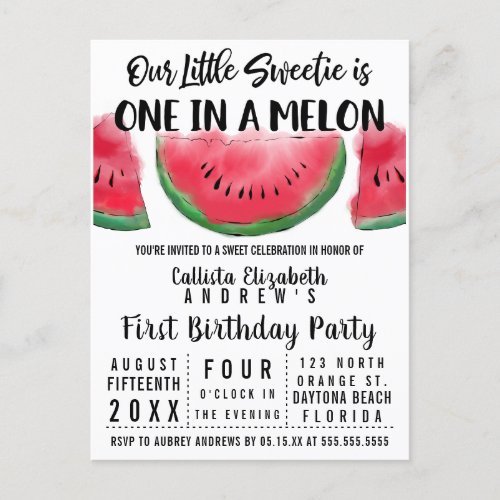 One in a Melon Watercolor Watermelon 1st Birthday Invitation Postcard