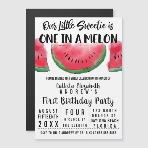 One in a Melon Watercolor Watermelon 1st Birthday Magnetic Invitation
