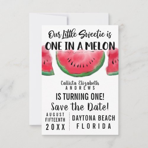 One in a Melon Watercolor Watermelon 1st Birthday Save The Date