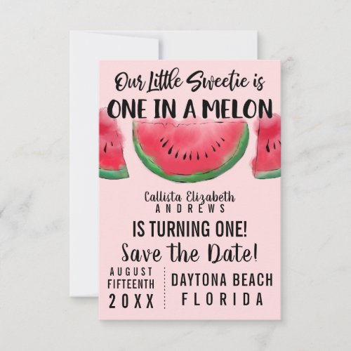 One in a Melon Watercolor Watermelon 1st Birthday Save The Date