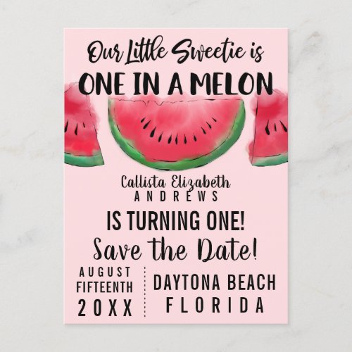 One in a Melon Watercolor Watermelon Save the Date Invitation Postcard