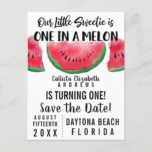 One in a Melon Watercolor Watermelon Save the Date Invitation Postcard