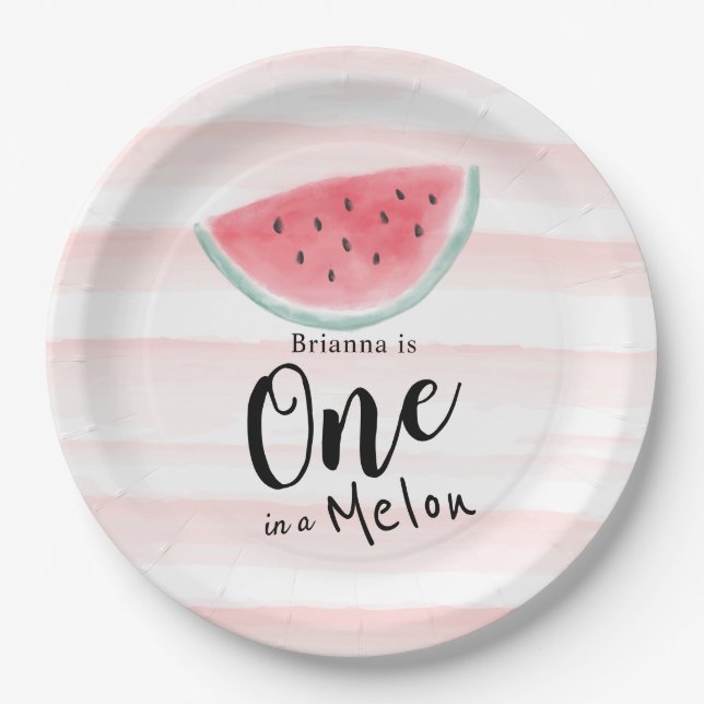 One in a Melon Watercolor Watermelon Stripe Paper Plates (Front)
