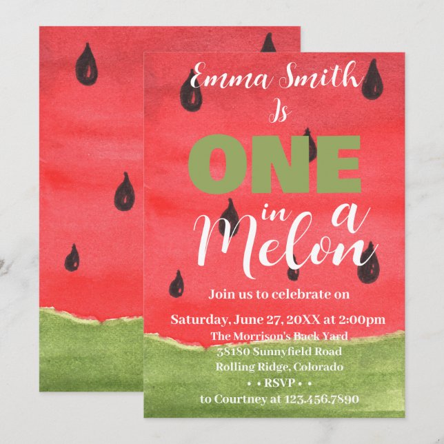 One in a Melon Watermelon 1st Birthday Invitation (Front/Back)