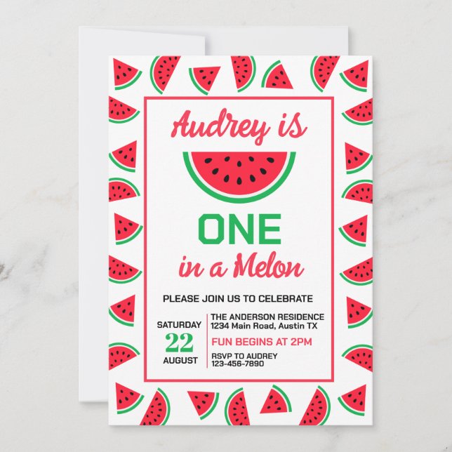 One In a Melon Watermelon 1st Birthday Invitation (Front)