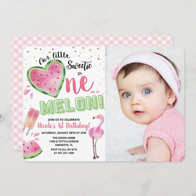 One in a Melon Watermelon 1st Birthday Invitation (Front/Back)