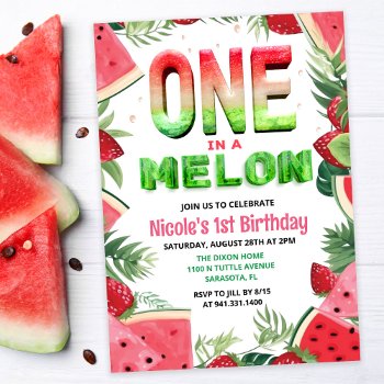 One In A Melon Watermelon 1st Birthday Invitation by PaperandPomp at Zazzle
