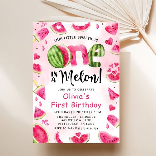 One in a Melon Watermelon 1st Birthday  Invitation