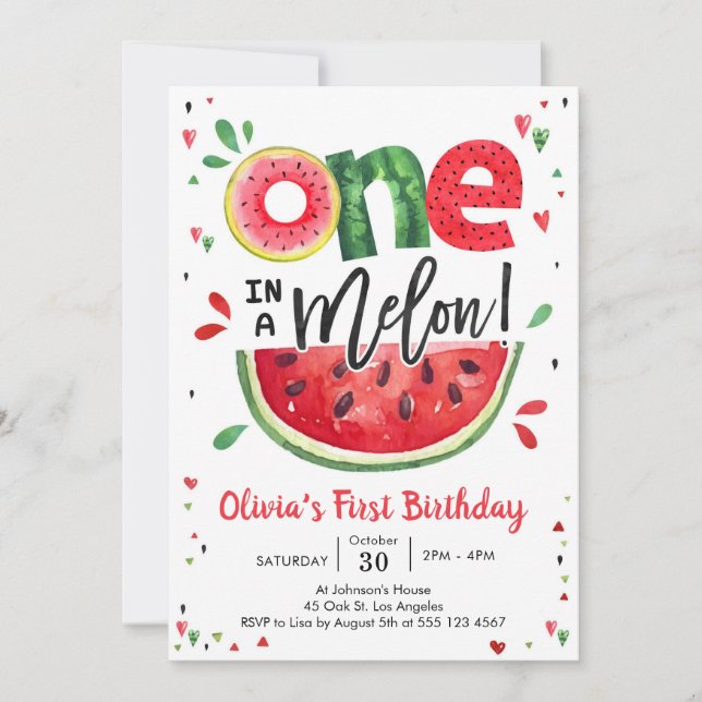 One In A Melon Watermelon 1st Birthday Invitation (Front)