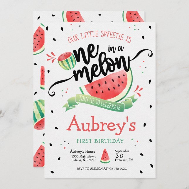 One in a Melon Watermelon 1st Birthday Invitation (Front/Back)