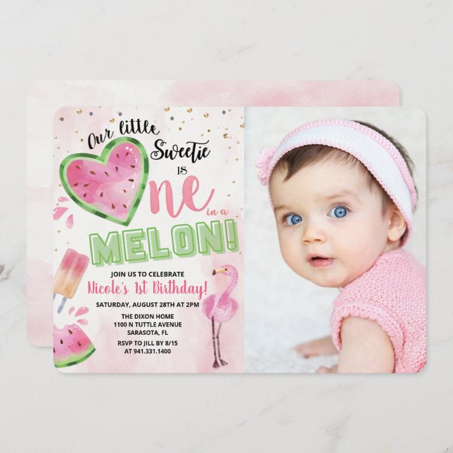 One in a Melon Watermelon 1st Birthday Invitation (Front/Back)