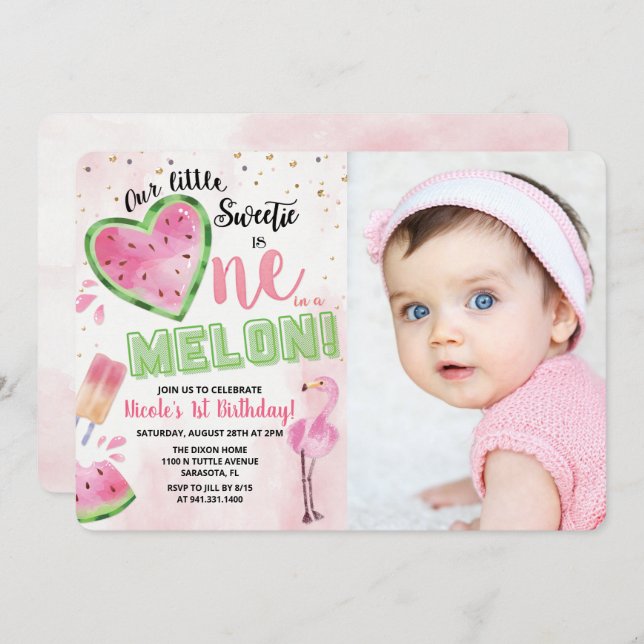 One in a Melon Watermelon 1st Birthday Invitation (Front/Back)