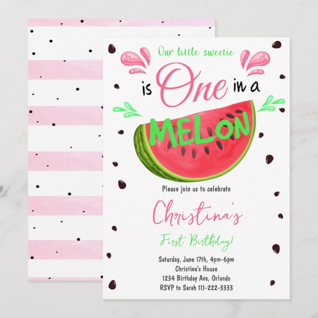 One in a Melon Watermelon 1st Birthday Invitation (Front/Back)
