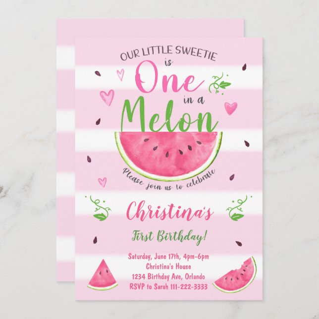 One in a Melon Watermelon 1st Birthday Invitation (Front/Back)