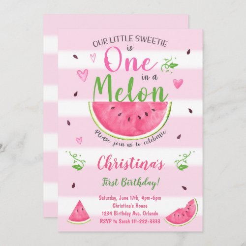 One in a Melon Watermelon 1st Birthday Invitation