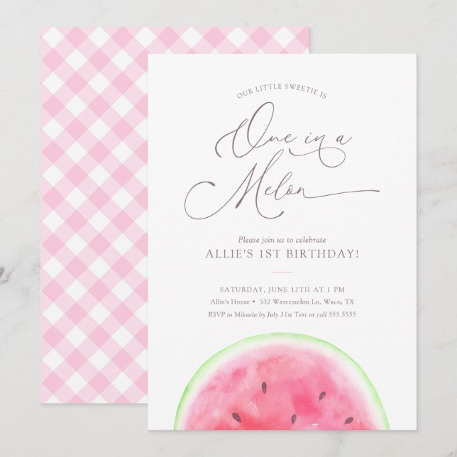 One in a Melon Watermelon 1st Birthday Party Invit Invitation (Front/Back)