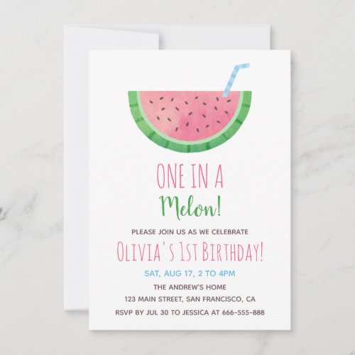 One In A Melon Watermelon 1st Birthday Party Invitation