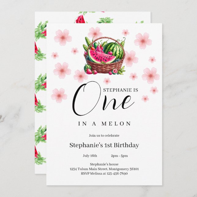 One in a Melon Watermelon 1st Birthday Party Invitation (Front/Back)