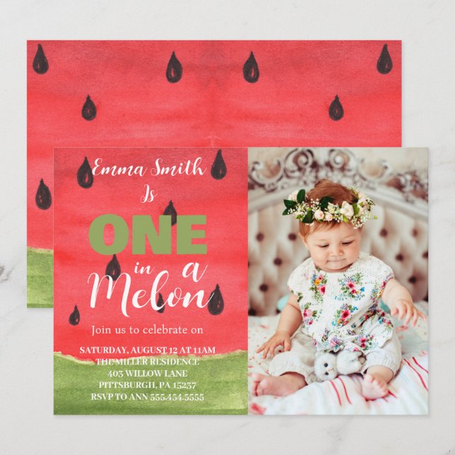 One in a Melon Watermelon 1st Birthday Photo Invitation (Front/Back)