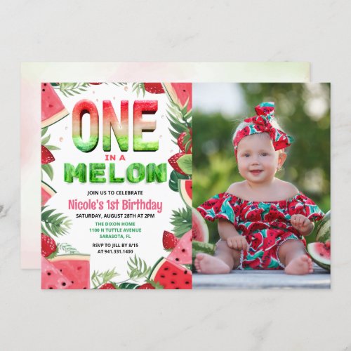 One in a Melon Watermelon 1st Birthday Photo Invitation