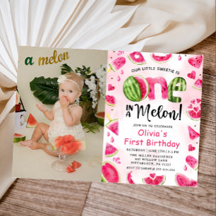 One in a Melon Watermelon 1st Birthday Photo Invitation