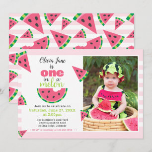 One in a Melon Watermelon Baby 1st Birthday Photo Invitation