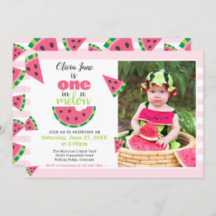 One in a Melon Watermelon Baby 1st Birthday Photo Invitation
