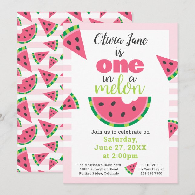 One in a Melon Watermelon Baby Girl 1st Birthday Invitation (Front/Back)
