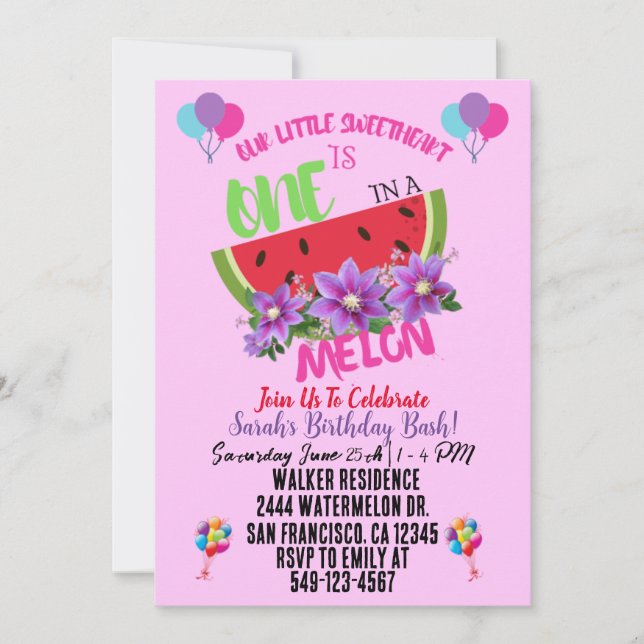 One In A Melon Watermelon Birthday Invitation (Front)