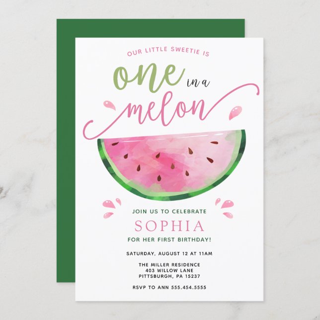 One in a Melon Watermelon Birthday Invitation (Front/Back)
