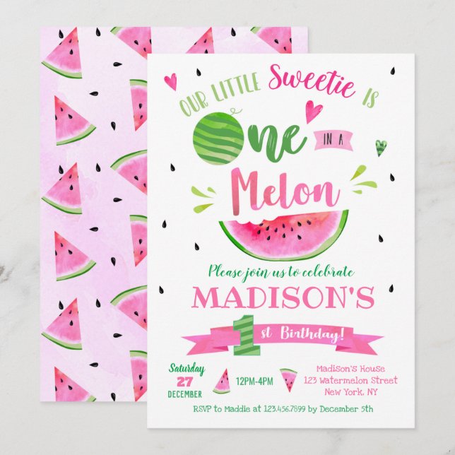 One in a Melon Watermelon Birthday  Invitations (Front/Back)