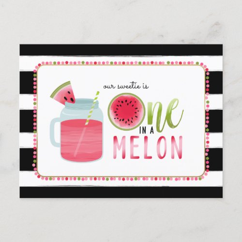 One In A Melon Watermelon Black  White Birthday Invitation Postcard