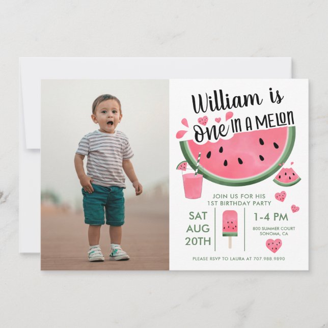 One In A Melon Watermelon Boy's 1st Birthday  Invitation (Front)