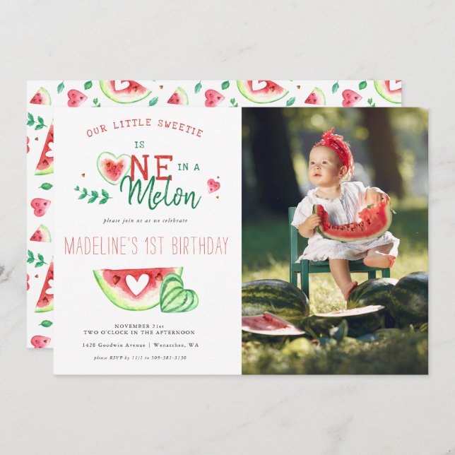 One In A Melon | Watermelon First Birthday Invitat Invitation (Front/Back)