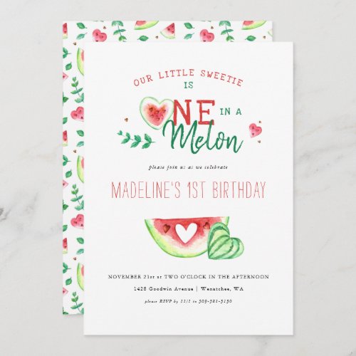 One In A Melon  Watermelon First Birthday Invitation