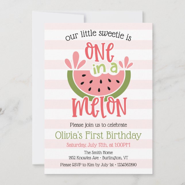 One In A Melon Watermelon First Birthday Invitation (Front)