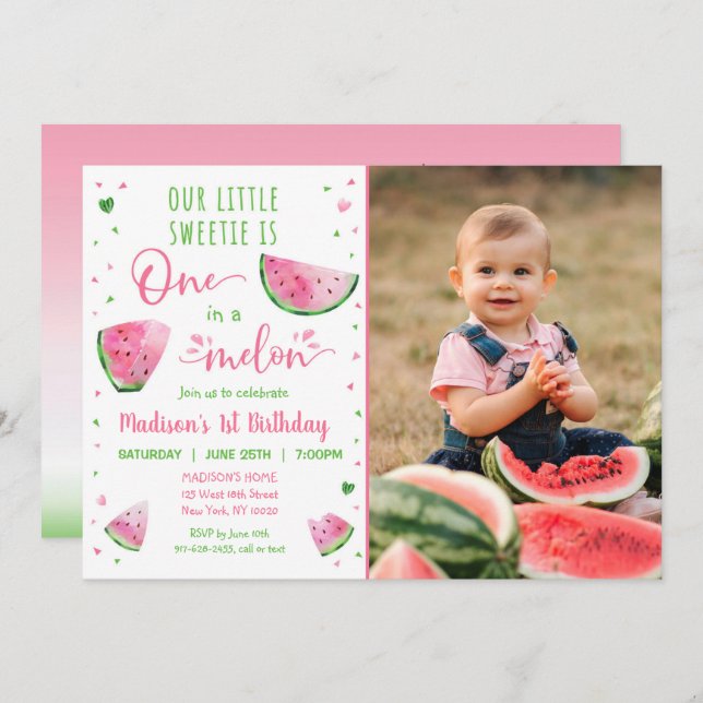 One In A Melon Watermelon First Birthday Invitation (Front/Back)