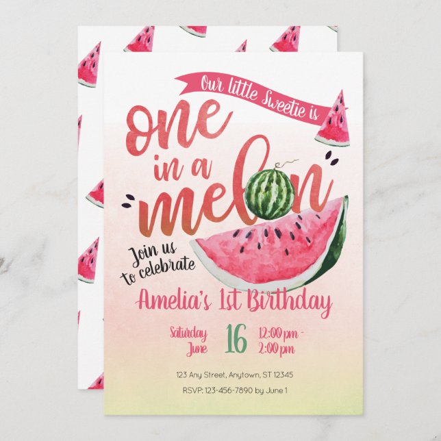 One in a Melon Watermelon First Birthday Invite (Front/Back)
