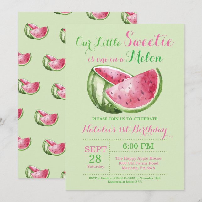 One in a Melon Watermelon First Birthday Invite (Front/Back)