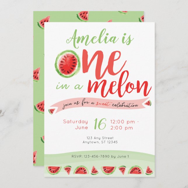 One in a Melon Watermelon First Birthday Invite (Front/Back)