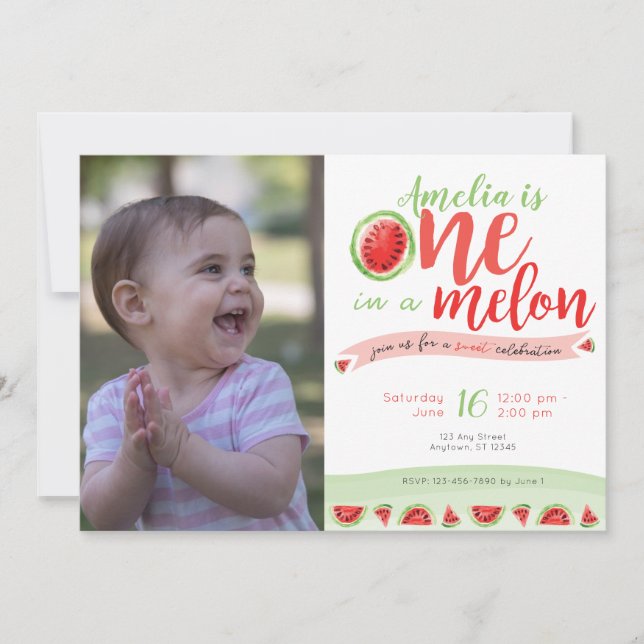 One in a Melon Watermelon First Birthday Invite (Front)