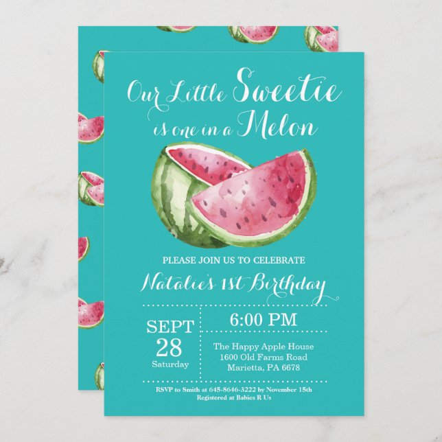 One in a Melon Watermelon First Birthday Invite (Front/Back)