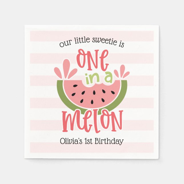 One In A Melon Watermelon First Birthday Napkins (Front)