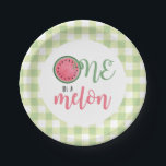 One in a Melon Watermelon First Birthday Paper Pla Plates<br><div class="desc">One in a Melon Watermelon first birthday party plates with melon green plaid back.</div>