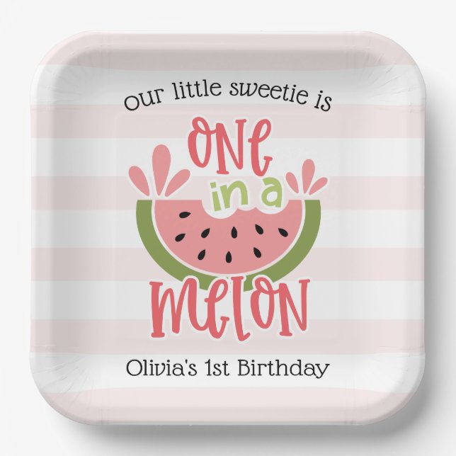 One In A Melon Watermelon First Birthday Paper Plates (Front)